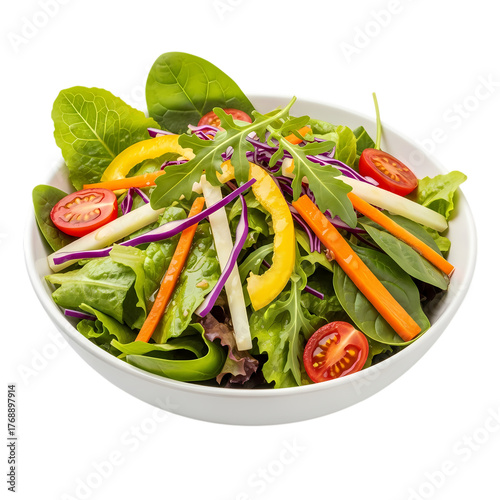 Enjoy vibrant, colorful salad bowl brimming with fresh greens, ripe tomatoes, crisp peppers, and crunchy cabbage for healthy eating campaign