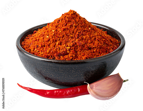 Spiced Chili A dark bowl full of red spice mix sits next to a chili pepper and a clove of garlic