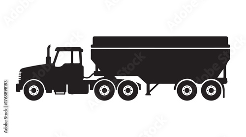 Icon of a grain truck. Tractor pulling a semi-trailer. Black silhouette. Viewed from the side. Simple flat vector graphic illustration. Object isolated on a white background. Isolate