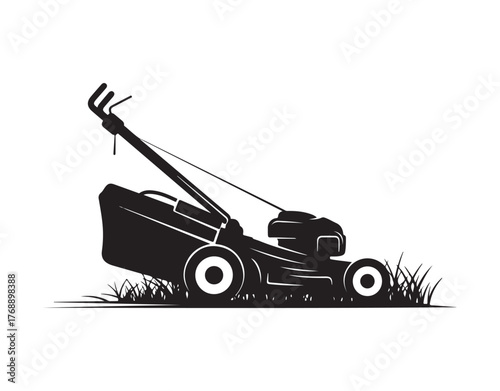 Lawnmower icon. Silhouette representation of a lawnmower. Device for grass care. Vector illustration