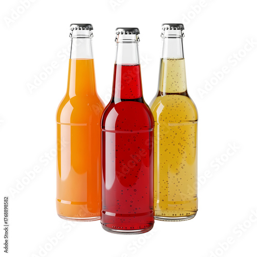 Refreshing trio of colorful soda bottles for summer hydration or vibrant beverage ad campaigns, perfect for thirst-quenching moments and delicious flavor profiles