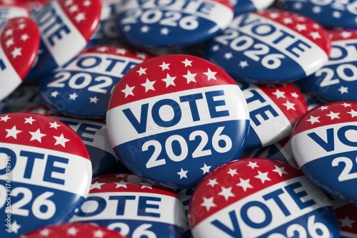 Close up of many vote 2026 election campaign buttons with stars theme
