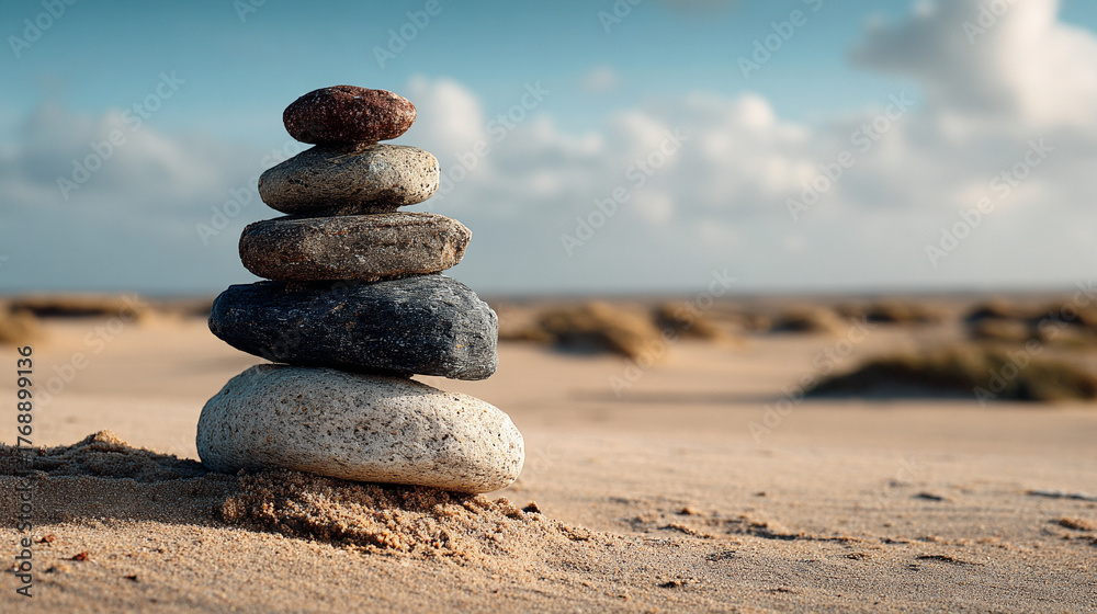 Fototapeta premium zen stone stack balanced on a sandy shore, evoking calm, mindfulness, harmony, and meditative tranquility by the water’s edge