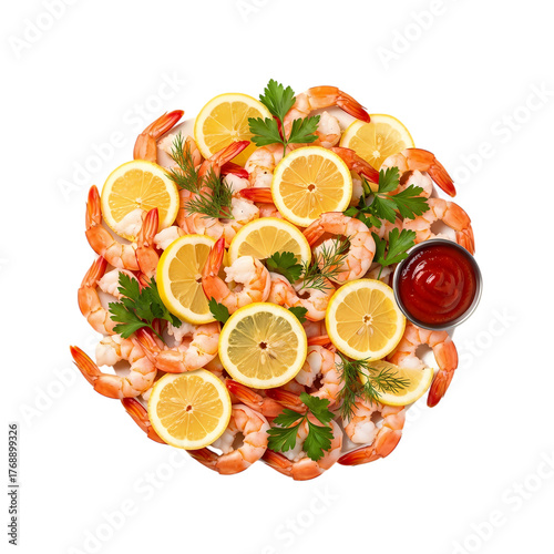 Elegant shrimp cocktail presentation with fresh lemon wedges and vibrant parsley, a culinary delight perfect for upscale dining and seafood promotions
