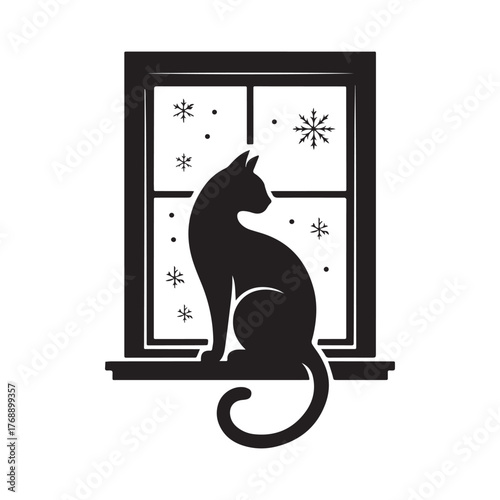 Silhouette of a black cat sitting on a window sill with falling snowflakes minimalist winter home decor vector illustration