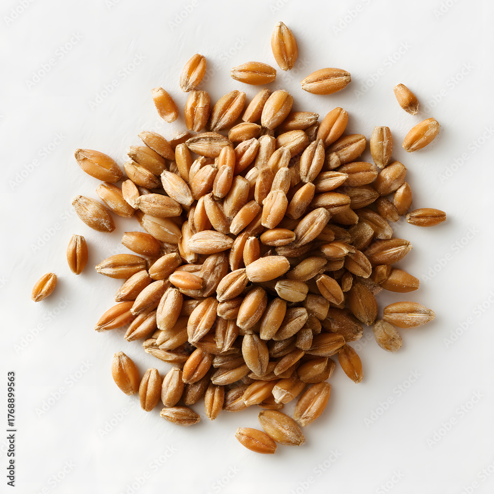 Obraz premium Neat Cluster of Whole Grain Spelt Grains on White Background for Healthy Food and Nutrition Concepts