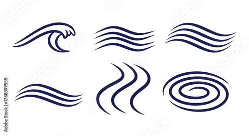 Set of six different wave designs in dark blue on white.