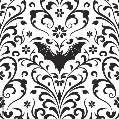 Elegant gothic damask pattern with bat motif, vintage halloween seamless background design, spooky ornamental vector art for decoration