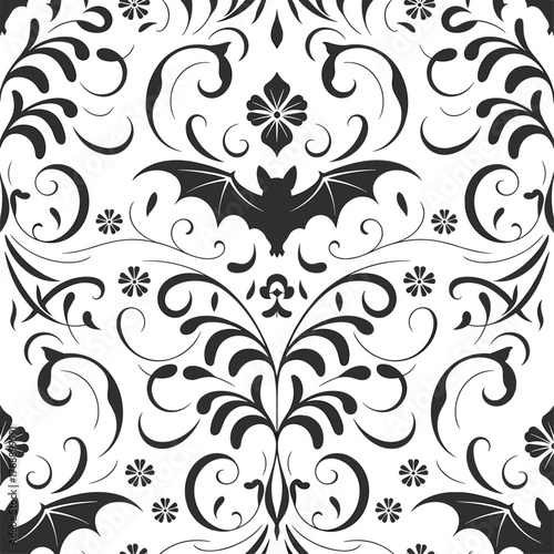 Elegant gothic damask pattern with bat motif, vintage halloween seamless background design, spooky ornamental vector art for decoration