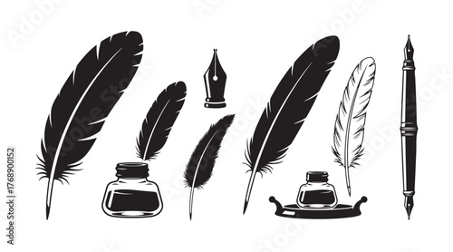 Collection of feather and inkwell vector icons. Nib and inkstand. Classic vintage pen. Vector