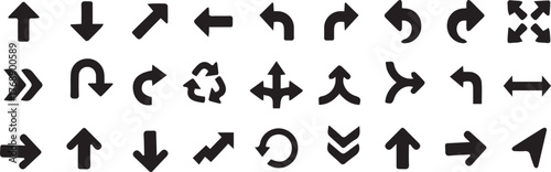 Arrow icons vector set featuring various directions, rotations, and navigation symbols for interface, map, and design use.