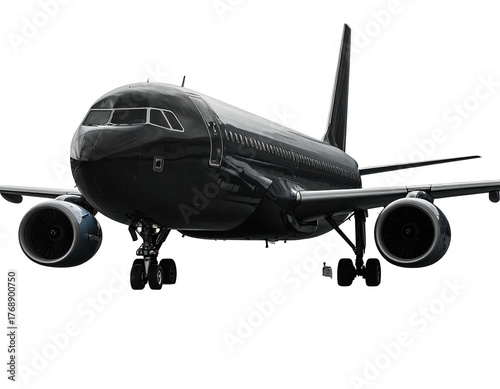 Sleek, all-black passenger airplane with engine detail. A dark and stylish view of modern flight and air travel
