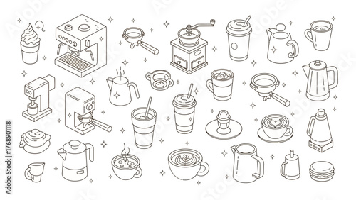 Coffee Culture: Hand-Drawn Line Art of Coffee Making and Serving Essentials