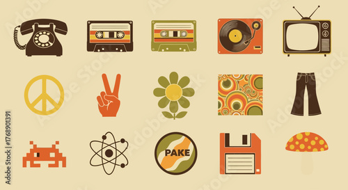 Retro Icons Collection Vintage Technology, Peace Signs, and 70s Style Graphics