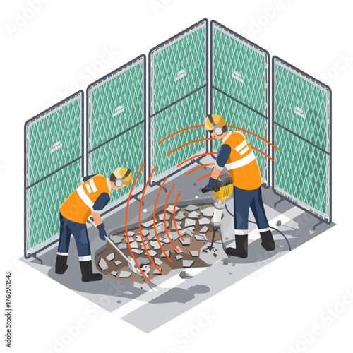 Construction workers using jackhammer and shovel on city pavement with portable noise barrier acoustic barrier and noise protector panels reducing sound impact in urban area