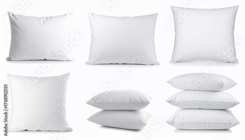 Variety of pristine white pillows arranged against a spotless background for use