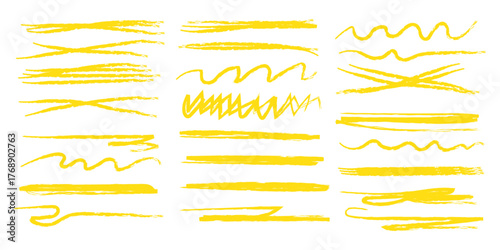 Red line brush stroke with pencil underline and crayon textures for graphic design - wavy marks, straight elements and zigzag patterns. Hand drawn highlights with rough edges for text decoration.