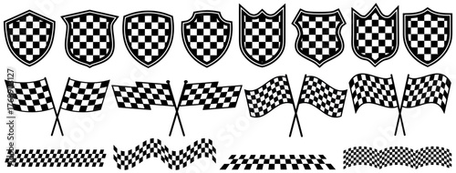 vector set black and white racing stripe. Race flag, racing shield emblem, Start and finish race symbol design illustration