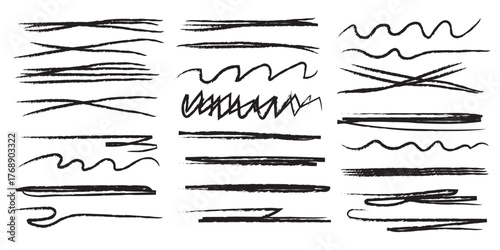 Red line brush stroke with pencil underline and crayon textures for graphic design - wavy marks, straight elements and zigzag patterns. Hand drawn highlights with rough edges for text decoration.
