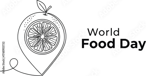 World Food Day citrus pin illustration, fruit slice location icon, orange lemon sketch, global food awareness art, minimalist design concept