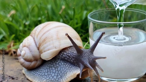 A large, pale-shelled snail is resting on the ground near a glass containing a white substance, as a clear liquid is poured from above into the glass, mixing with the white powder.