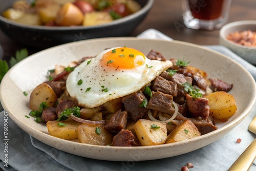 Pytt i Panna Beef Hash with Diced Potatoes, Onions, and Fried Egg