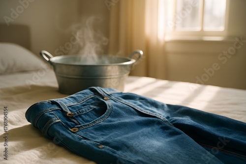 freshly washed jeans beside a steaming metal basin in soft daylight, symbolizing the importance of washing new clothing to reduce formaldehyde and chemical residue exposure.
