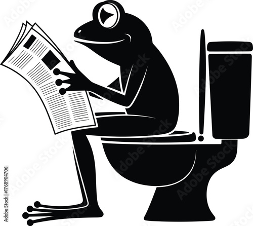 A frog sits on the toilet reading a newspaper in black and white