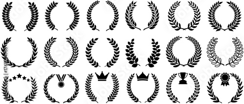set vector laurel wreaths collection. Award Winner, crown, trophy, medals, emblem symbol design illustration