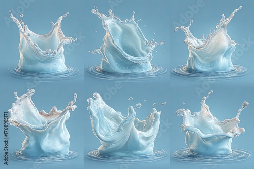 Six water splashes erupt, droplets frozen in time