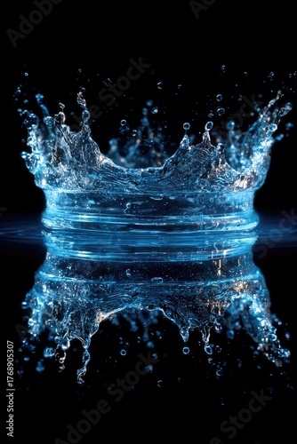 Water crown splash, droplet ripples on dark surface