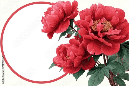 Red peonies frame a circle on beige