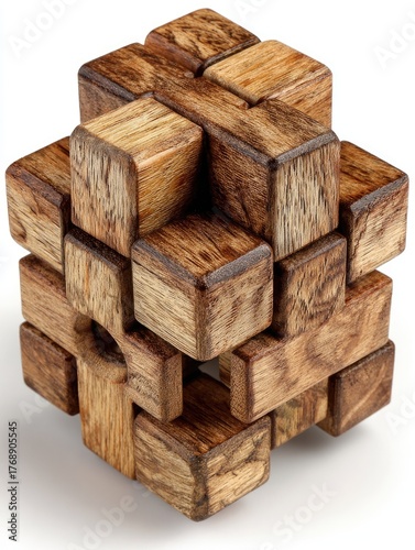 Interlocking wooden puzzle, cube shape, complex design