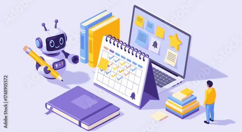 Cute robot with pencil, calendar, laptop, books, and person, representing productivity and planning