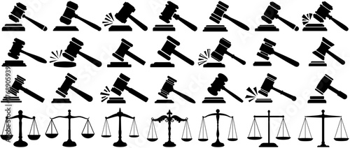 set vector judge gavels icon justice scale symbol. law judgment sign design illustration