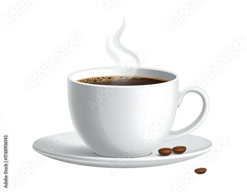 Steaming cup of coffee sits on a saucer with scattered beans, against a solid black background