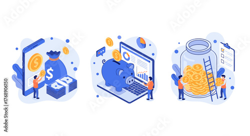 Financial growth and investment concepts with people interacting with money, piggy bank, and digital devices
