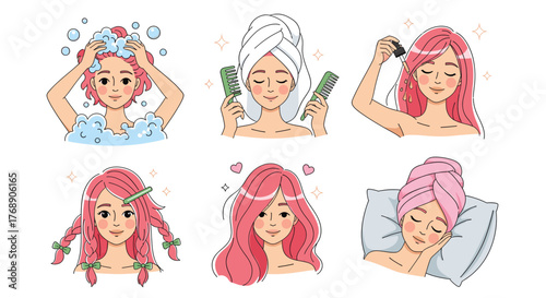 Womans hair care routine, from washing and conditioning to styling and sleeping