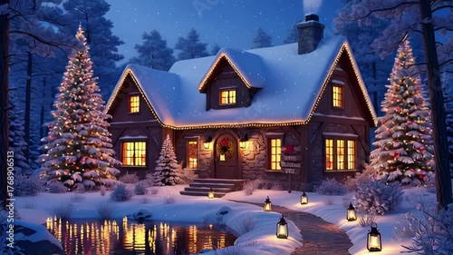 Cozy Winter Log Cabin Decorated for Christmas Eve Night.