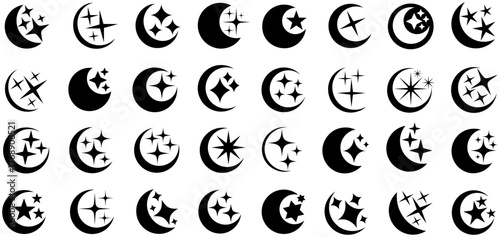 vector set crescent moon with shining star icon. decorative half moon and sparkling stars symbol design vector illustration