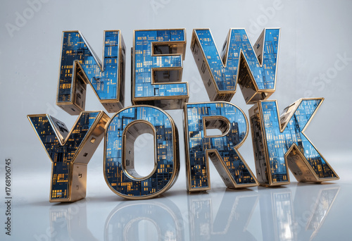 Futuristic New York City design, a captivating 3D rendering with intricate cityscapes embedded in bold letters, perfect for modern backgrounds and innovative concepts