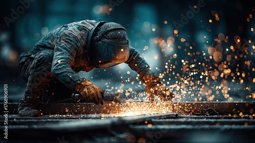 Focused worker grinds metal, sparks fly