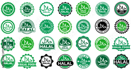 vector set halal certified labels stamps sticker. halal food badge icon halal product sign symbol template design illustration