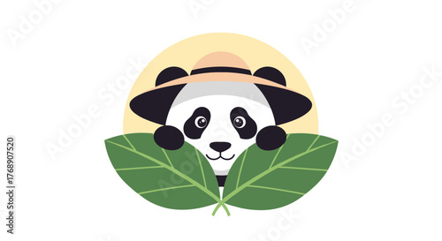 Cute cartoon panda wearing a hat peeking from behind green leaves with a yellow sun in the background.