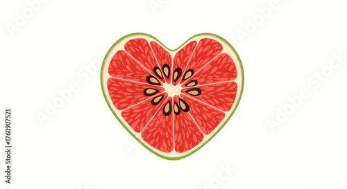 Heart-shaped grapefruit slice with juicy segments and seeds on a white background.
