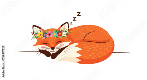 Cute sleeping fox with a flower crown and z's floating above its head.