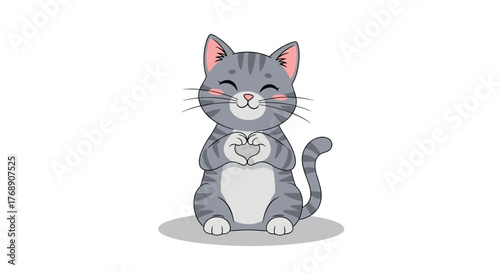 Cute cartoon grey tabby cat with striped fur making a heart shape with its paws.