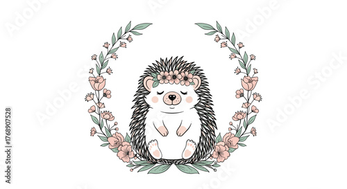 Cute cartoon hedgehog wearing a flower crown, framed by a floral wreath.