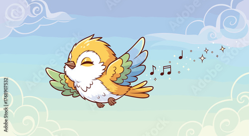 A cute cartoon bird with colorful wings flying through a bright sky with musical notes and sparkles.