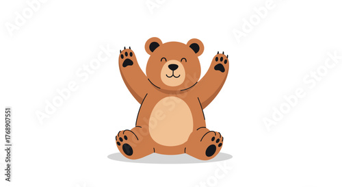 A cute cartoon brown bear sits with its arms raised in a welcoming gesture, against a white background.